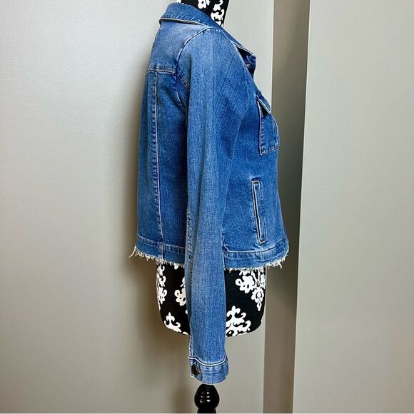 LOFT Cropped Denim Jean Jacket Raw Hem Blue Size Small - Picture 5 of 8